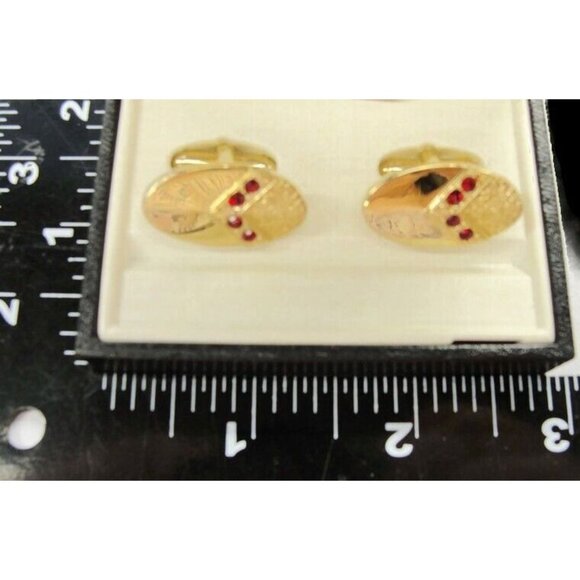 Oval Vtg Cufflinks Gold Tone Red Stone Tux Wedding Formal IOB Shirt Accessory - Picture 2 of 5